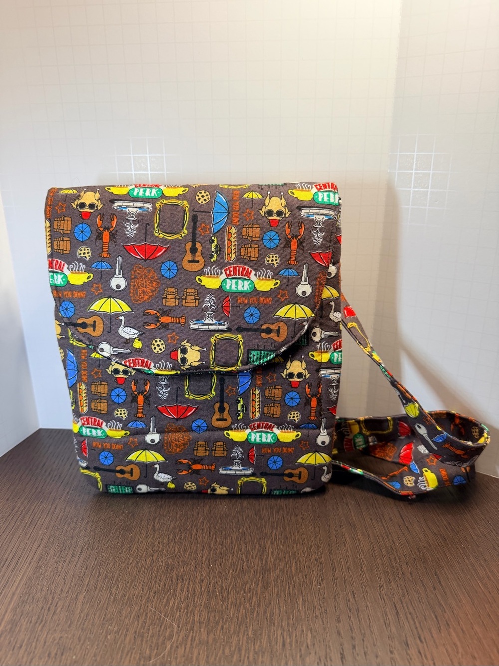 “Friends” TV Show Patterned Brown Crossbody Bag with Colorful Icons from show